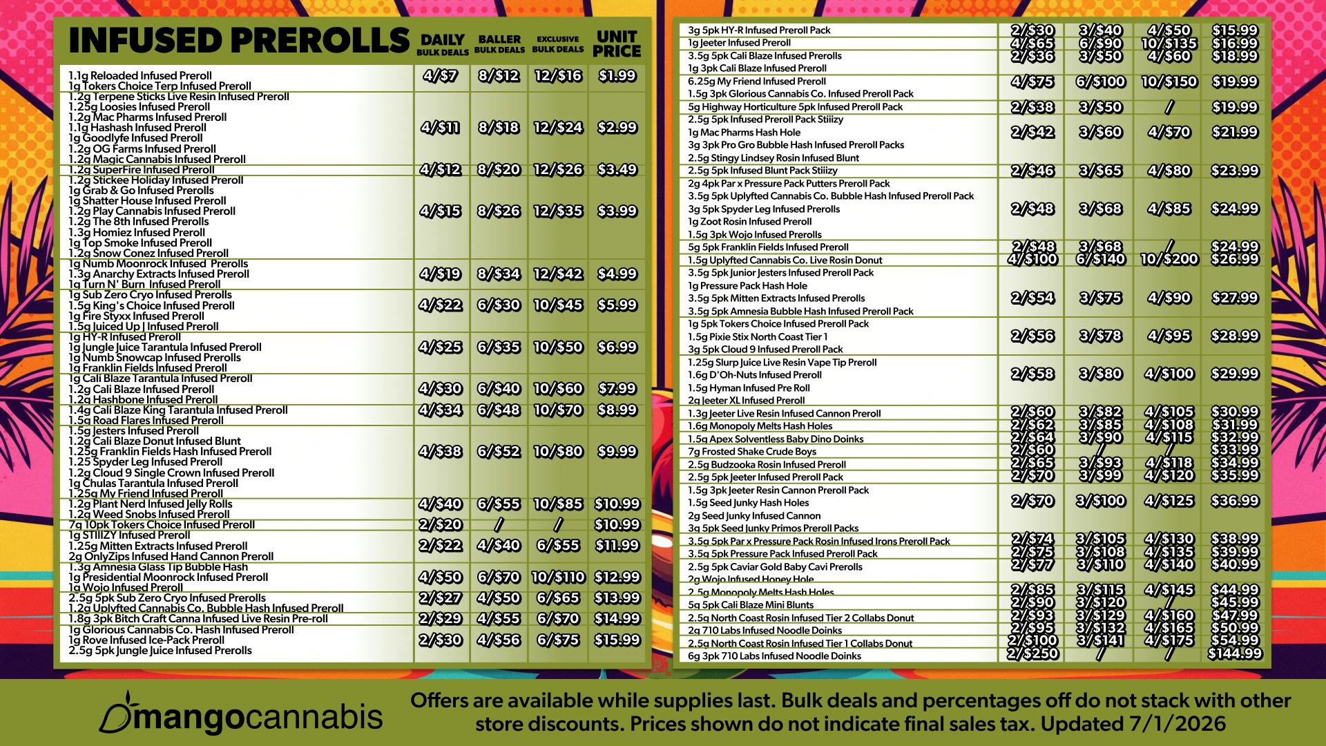 Mango Cannabis - New Buffalo - Now Open! MAX OUT 12/$16 1G Infused Prerolls