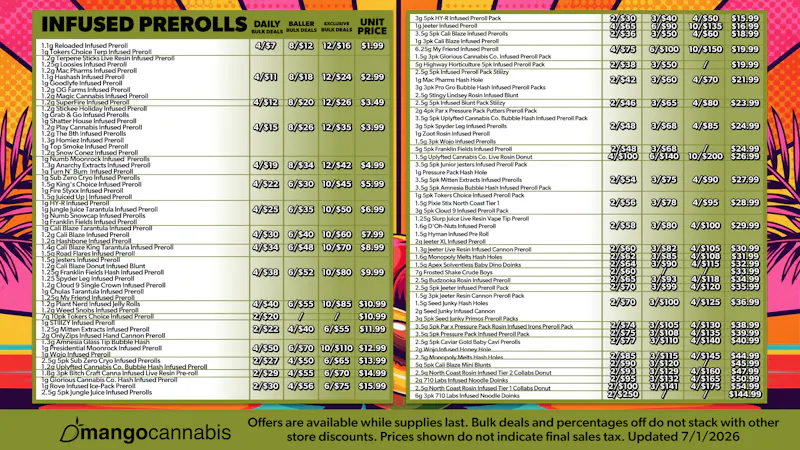 Mango Cannabis - New Buffalo - Now Open! MAX OUT 12/$16 1G Infused Prerolls