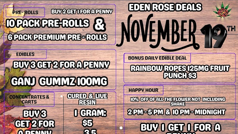 Bloom Cannabis Co - Mustang EDEN ROSE NOVEMBER 2025 DEALS