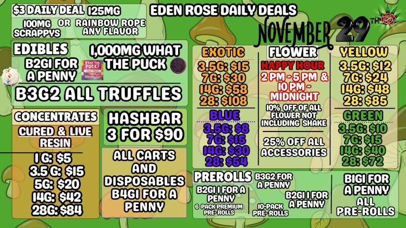 Eden Rose Dispensary Thanksgiving Weekend Daily Deal