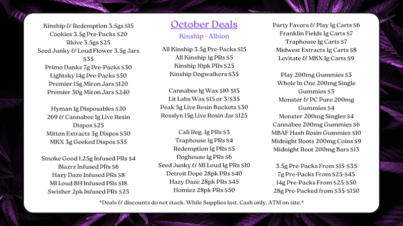 Kinship Cannabis Co- Albion October Deals @ Kinship