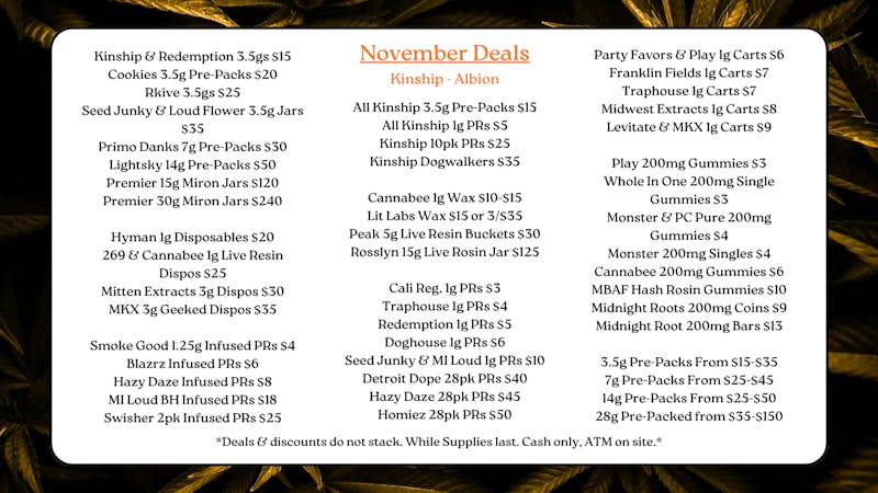 Kinship Cannabis Co- Albion November Deals @ Kinship