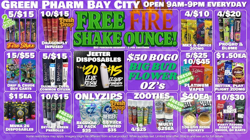 Green Pharm - Bay City - Recreational BOGO OZ's | 10/$30 VAPE BLOWOUT