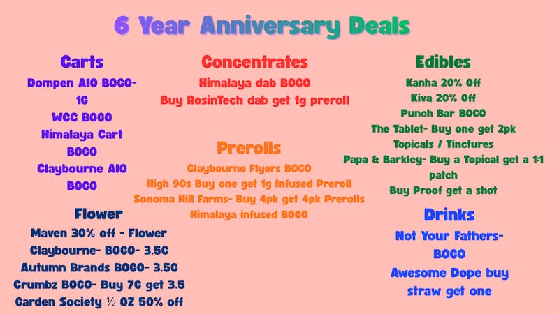 Down Under Industries Dispensary 6 Year Anniversary Deals