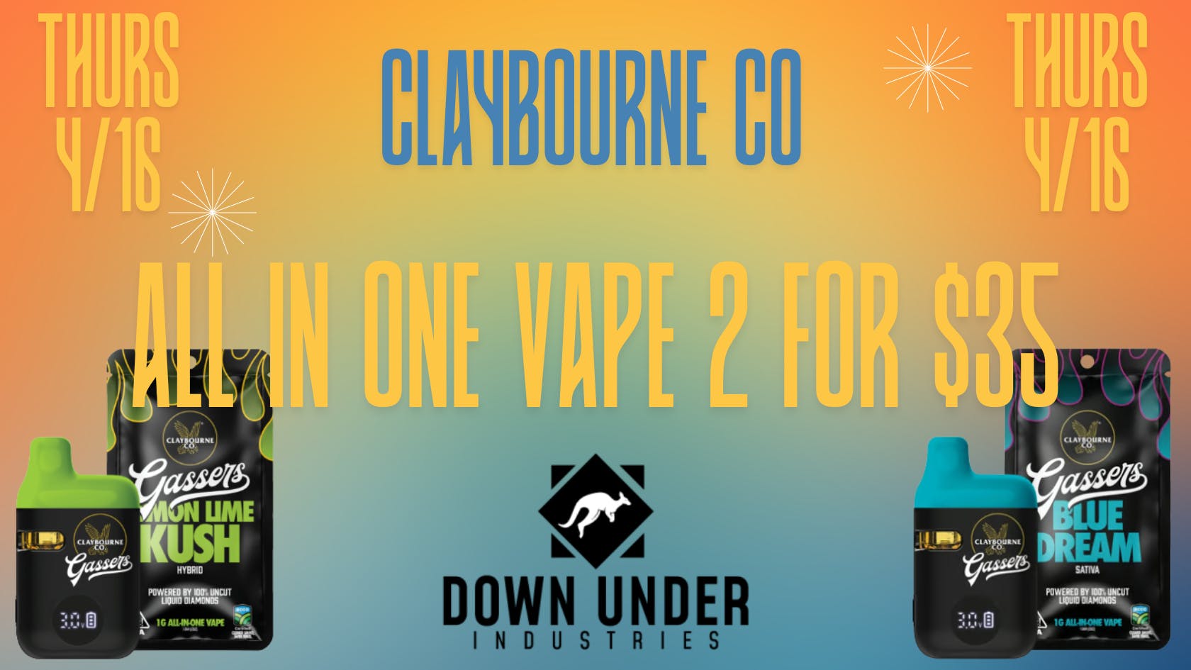 Down Under Industries Delivery Claybourne Liquid Diamonds AIO Vape 2 for $35
