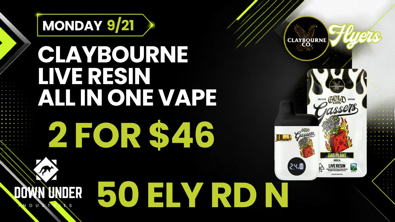 Down Under Industries Delivery Claybourne Live Resin All in One Vapes: 2 for $46