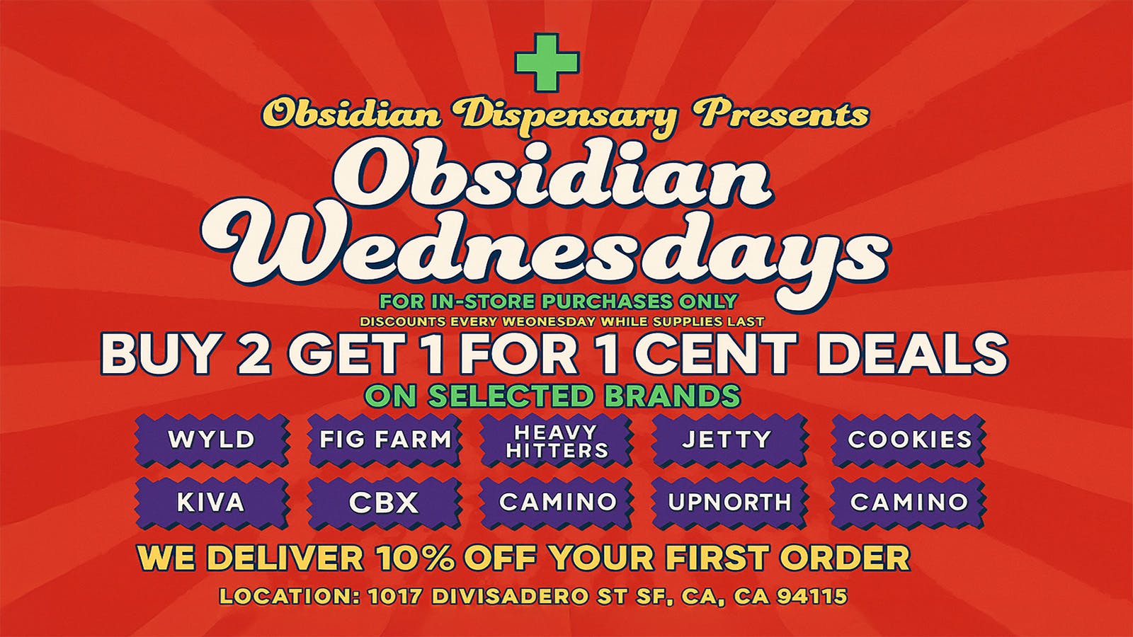 Obsidian Dispensary Wendesday Deal 15% off Online Orders