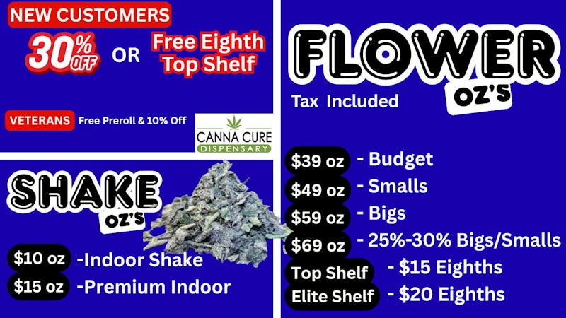 Canna Cure Dispensary: Tax Included Pricing 30% OFF or Free Eighth of Top Shelf-New Customer