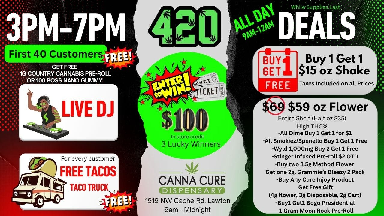 Canna Cure Dispensary: Tax Included Pricing PremiumShake$15ozBuy1Get1Free. Exotic Smalls $59oz