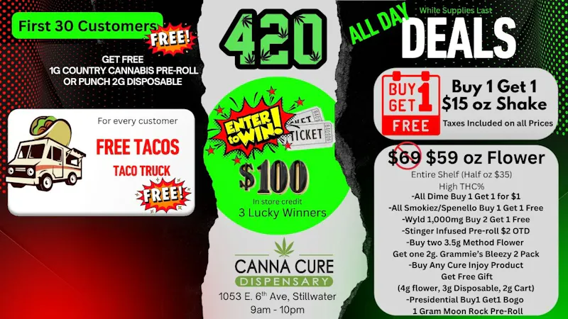 Canna Cure Dispensary II - Stillwater: Tax Included Pricing PremiumShake$15ozBuy1Get1Free Exotic Smalls $59oz!