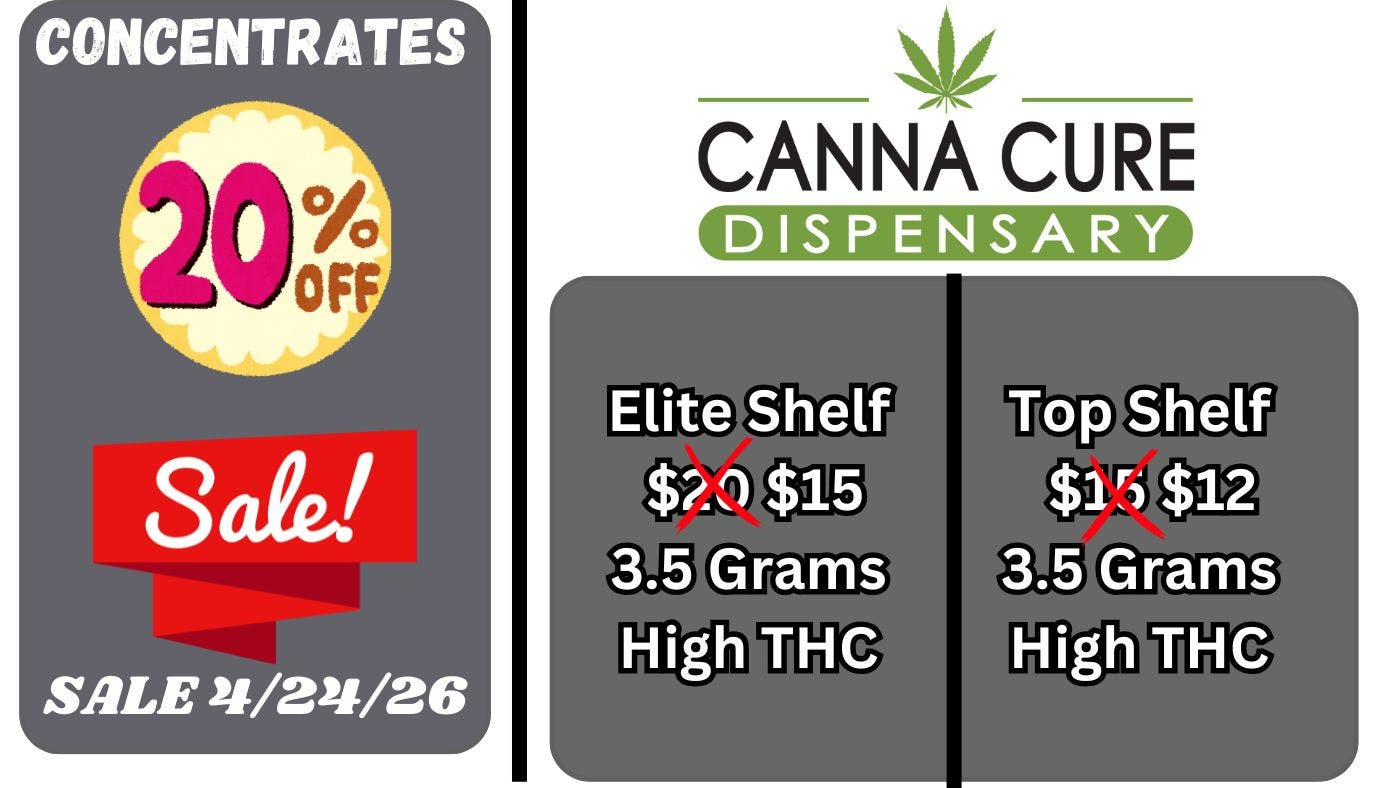 Canna Cure Dispensary: Tax Included Pricing EliteShelf25%OFF! TopShelf15%OFF! Dabs20%OFF!!
