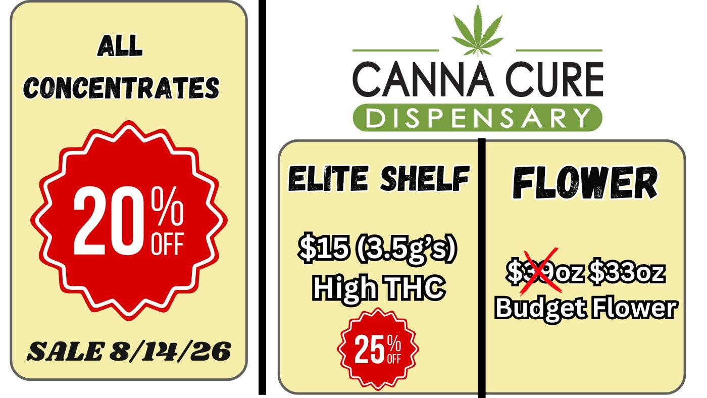 Canna Cure Dispensary: Tax Included Pricing EliteShelf25%OFF!AllDABS20%OFF!BudgetFlowerOZ$33!
