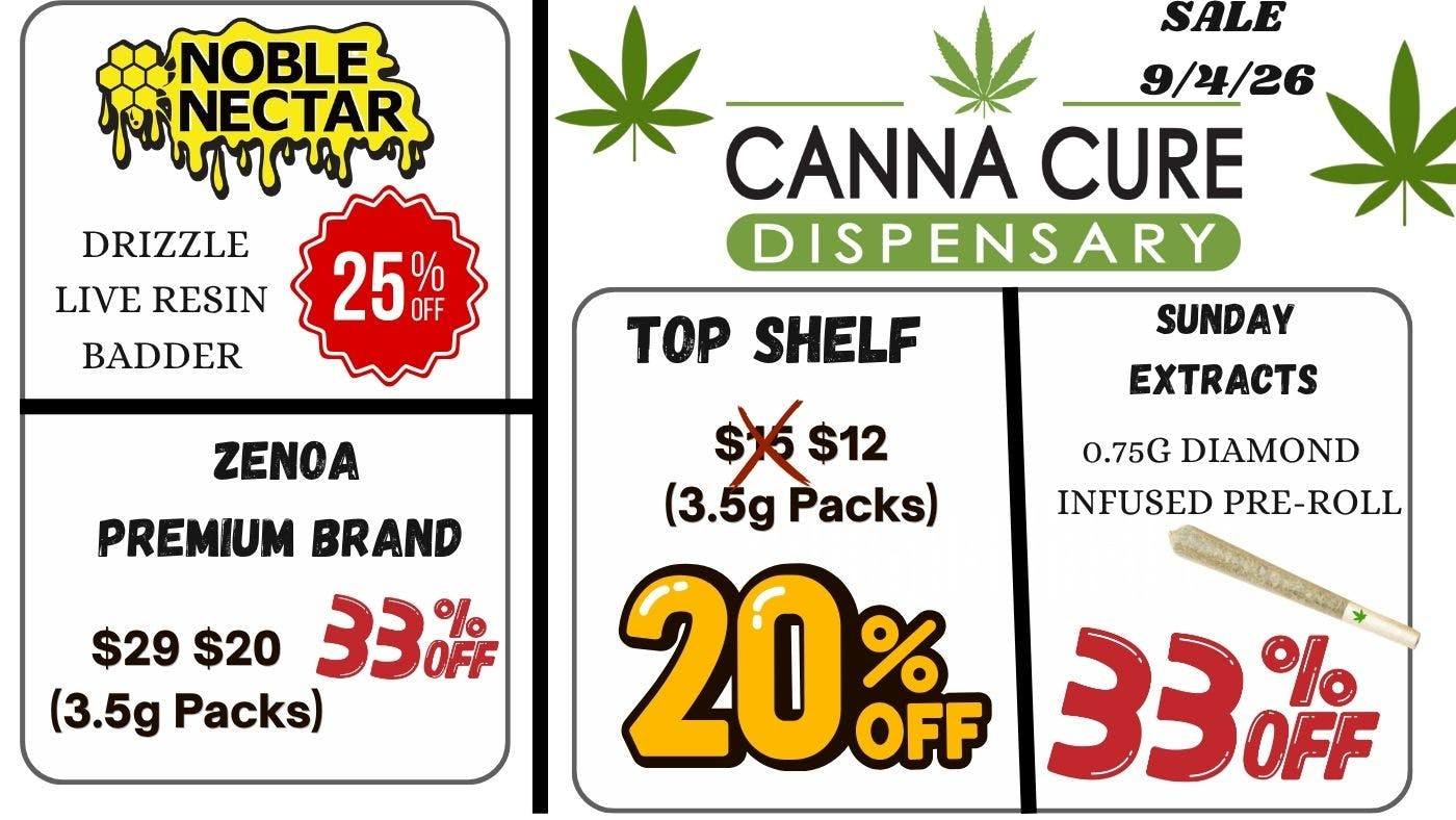 Canna Cure Dispensary: Tax Included Pricing Rosin33%OFFDiamond Joints$4OTD!TopShelf3.5g$12