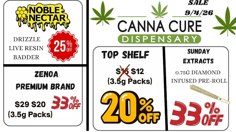 Canna Cure Dispensary: Tax Included Pricing Rosin33%OFFDiamond Joints$4OTD!TopShelf3.5g$12