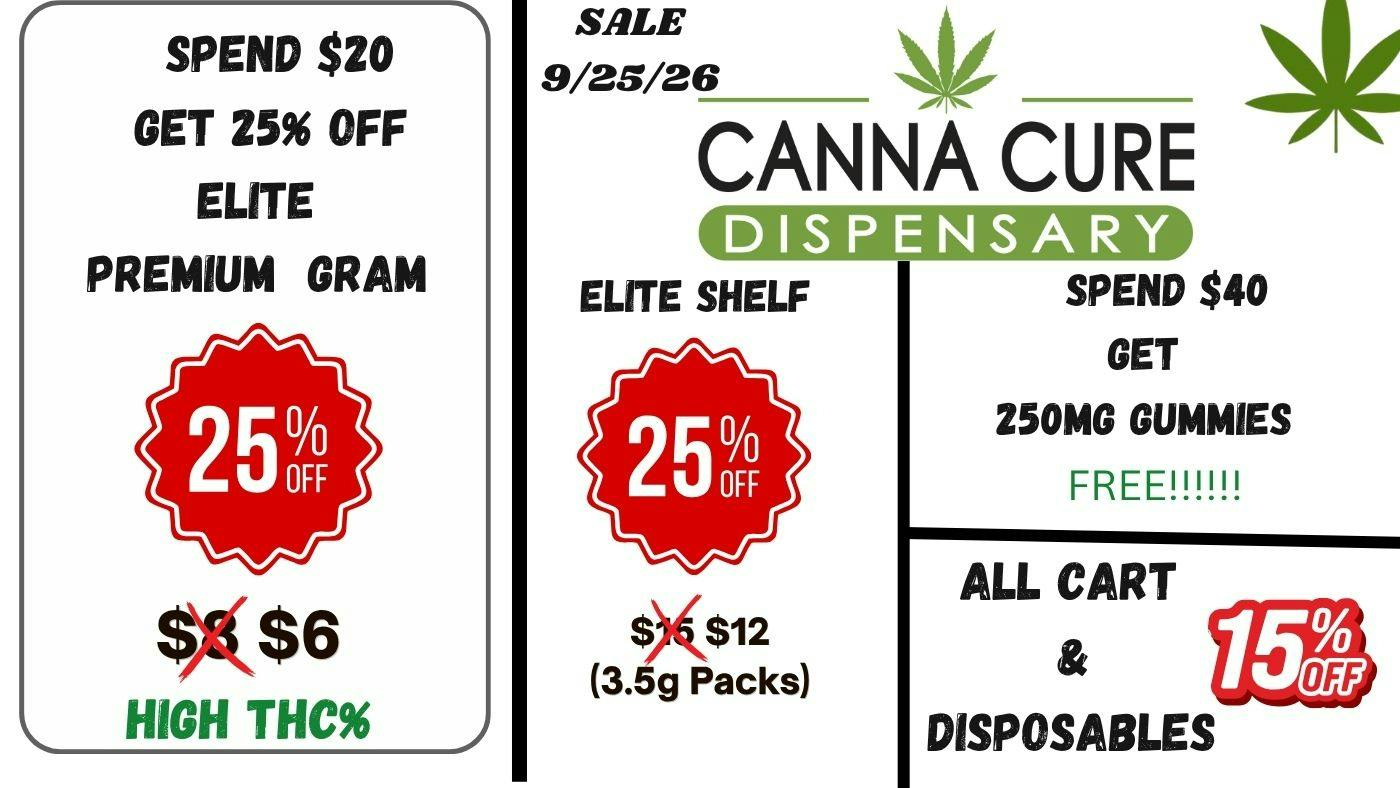 Canna Cure Dispensary: Tax Included Pricing Spend$40GetFree250mgGift!EliteShelf25%OFF!CARTSale
