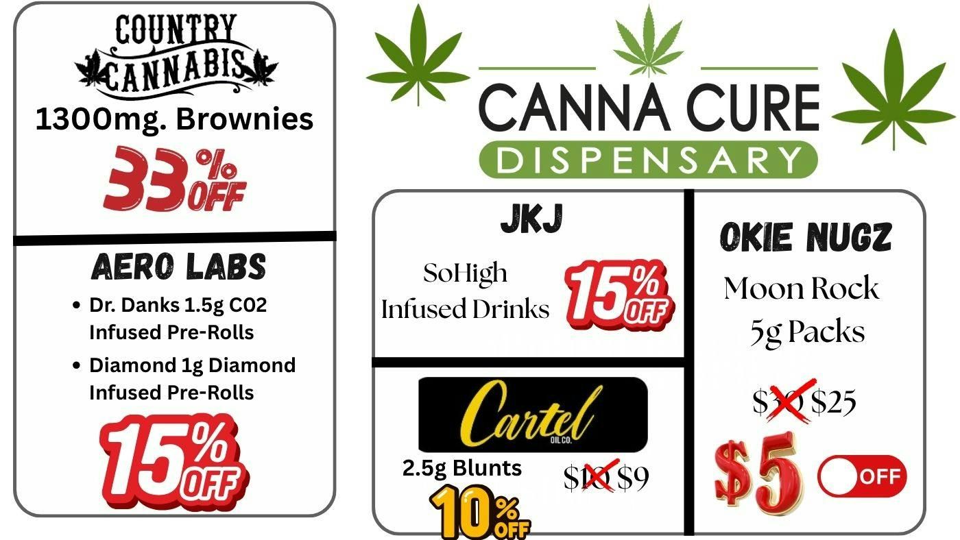 Canna Cure Dispensary: Tax Included Pricing 1300mgBrownies33%OFFOKieMoonrocks20%OFF