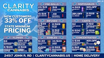 CLARITY Cannabis - Hazel Park 2/$12 PV/MUHA, $2 1g Vape, $1.50 200mg Gummy
