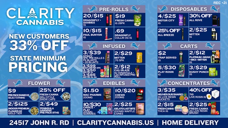 CLARITY Cannabis - Hazel Park 2/$12 PV/MUHA, $2 1g Vape, $1.50 200mg Gummy