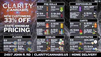 CLARITY Cannabis - Hazel Park $9 Shake oz, $2 1g Vape, $25 BOGO Ounces!