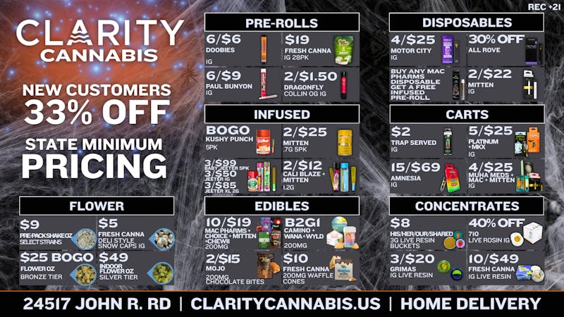 CLARITY Cannabis - Hazel Park $9 Shake oz, $2 1g Vape, $25 BOGO Ounces!