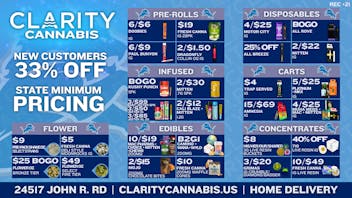 CLARITY Cannabis - Hazel Park $9 Shake oz, $2 1g Vape, $25 BOGO Ounces!