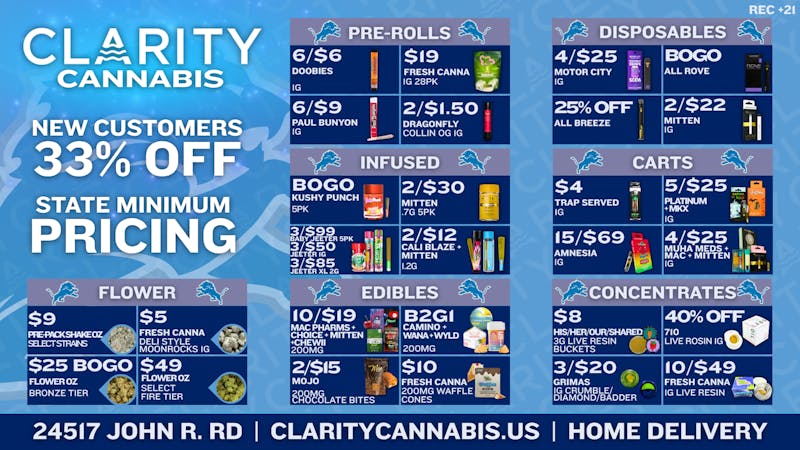 CLARITY Cannabis - Hazel Park $9 Shake oz, $2 1g Vape, $25 BOGO Ounces!