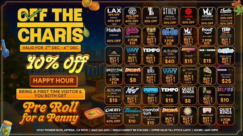 Off The Charts - Artesia Too full to move? Good. Let the weed come to you.