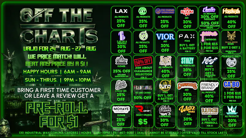 Off the Charts - Corona ☁️💸BEST PRICES IN CORONA ! BOGOS ! DEALS !😮‍💨🌿
