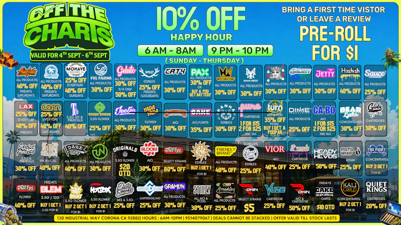 Off the Charts - Corona 💸BEST PRICES IN CORONA ! BOGO🔥💸DEALS