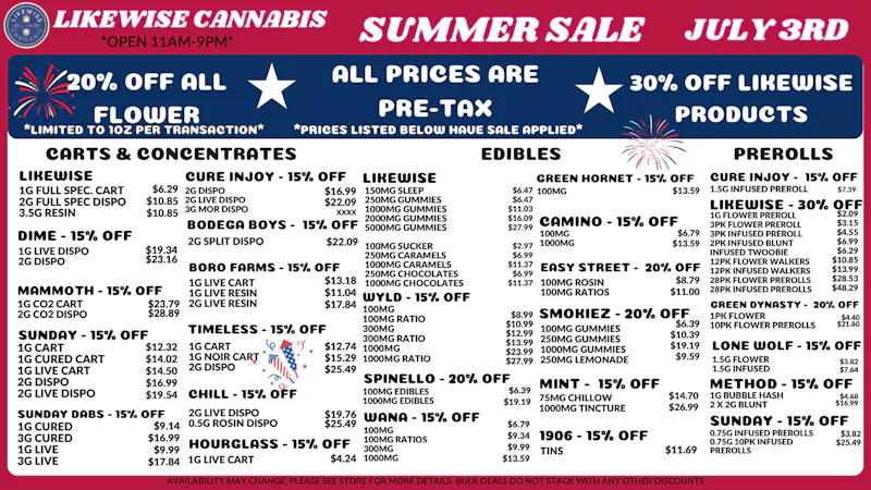 Likewise Cannabis Stillwater - Stillwater Dispensary LIKEWISE SUMMER SALE JULY 3RD | CLOSED THE 4TH