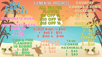 Elemental Progress WATER FLOWER $5/$10/$15 OFF! CARTS/DISPOS 10% OFF!