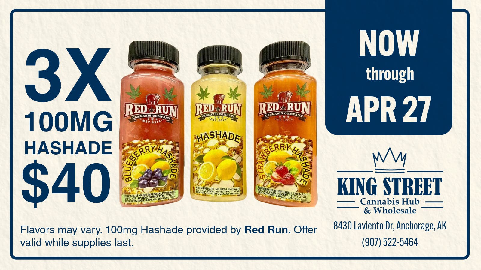 King Street Cannabis Co 3 100mg Hashades @ $40