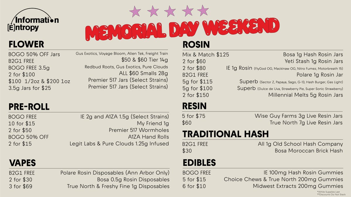Information Entropy - Ann Arbor Memorial Day Specials 5/22-5/25