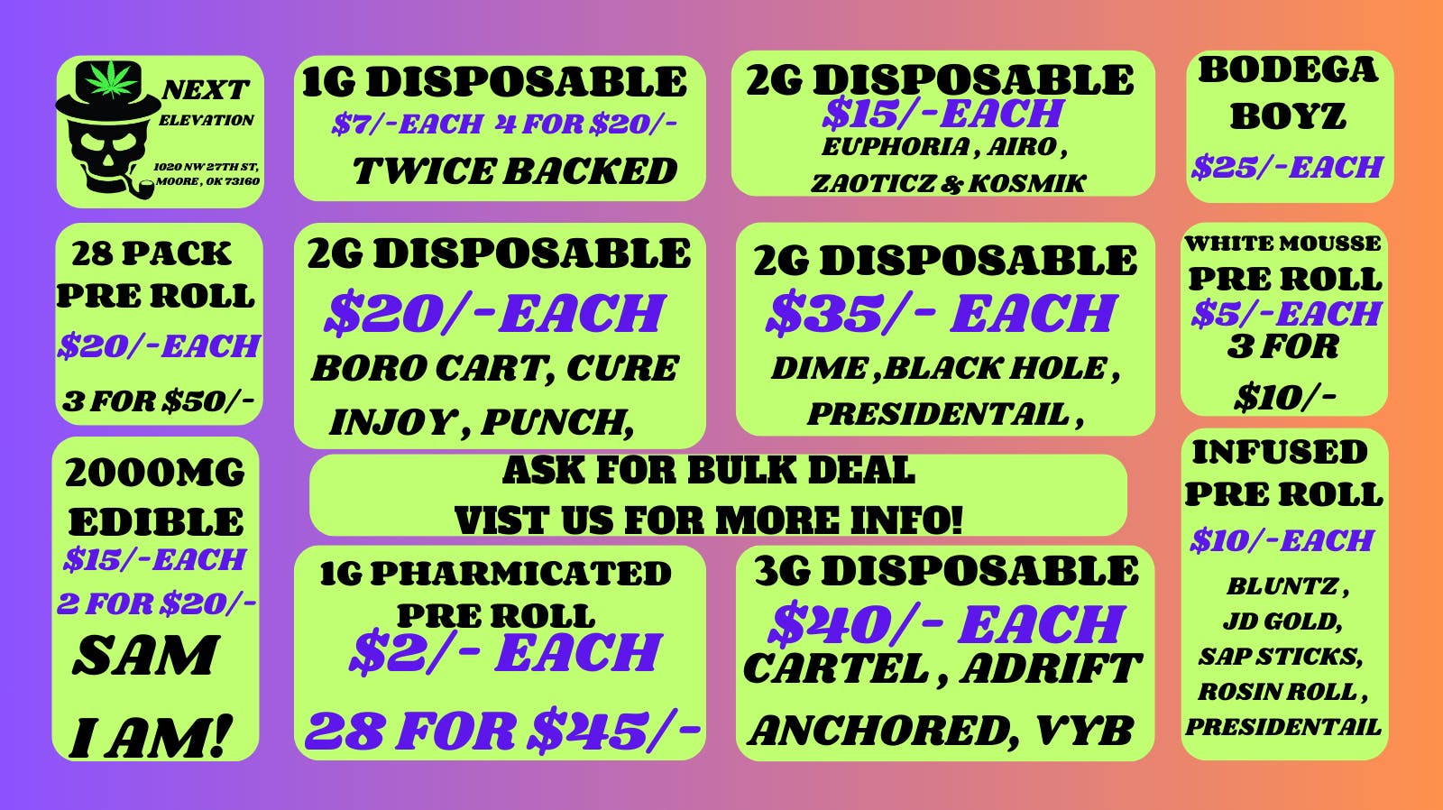 NEXT ELEVATION LOWEST PRICEING IN OKLAHOMA!