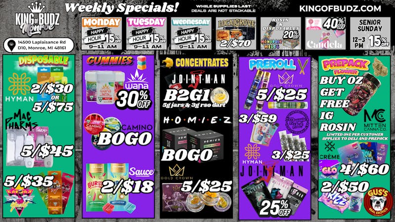 King of Budz - Monroe MONROE WEEKLY DEALS