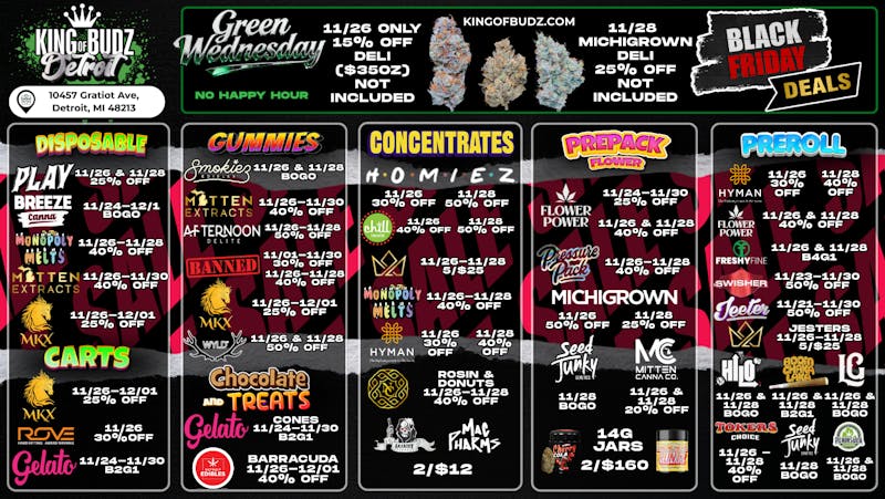 King of Budz - Detroit KOB Detroit - Holiday Deals (11/24 - 12/1)