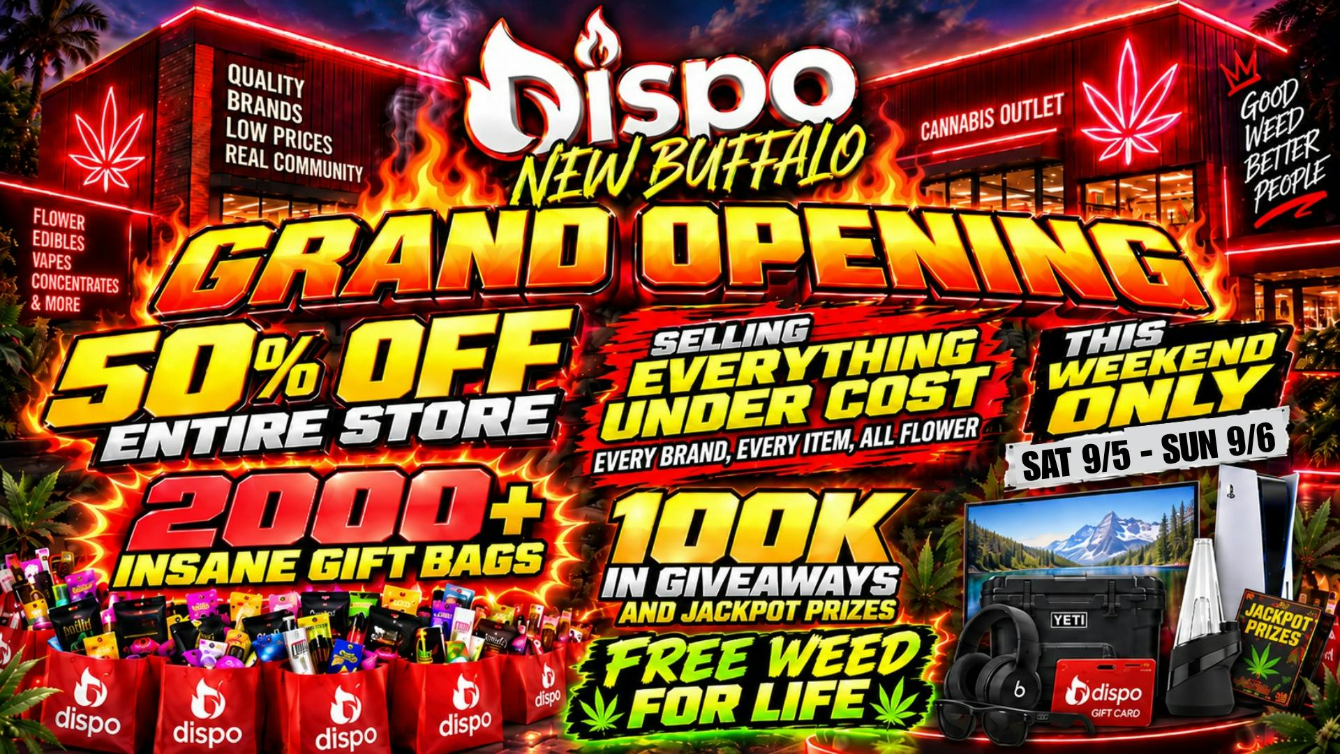 Dispo New Buffalo 🎉🤯50% OFF ENTIRE STORE🤯🎉FREE WEED FOR LIFE!🎁