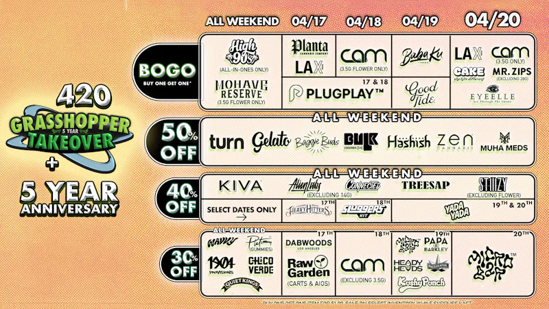 Grasshopper [Chula Vista] Grasshopper 5-Year Takeover + 420 ALL WEEKEND!