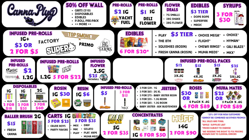 Canna Plug $2 Edible! $3 Cart! 50%OFF SELECT ITEMS!