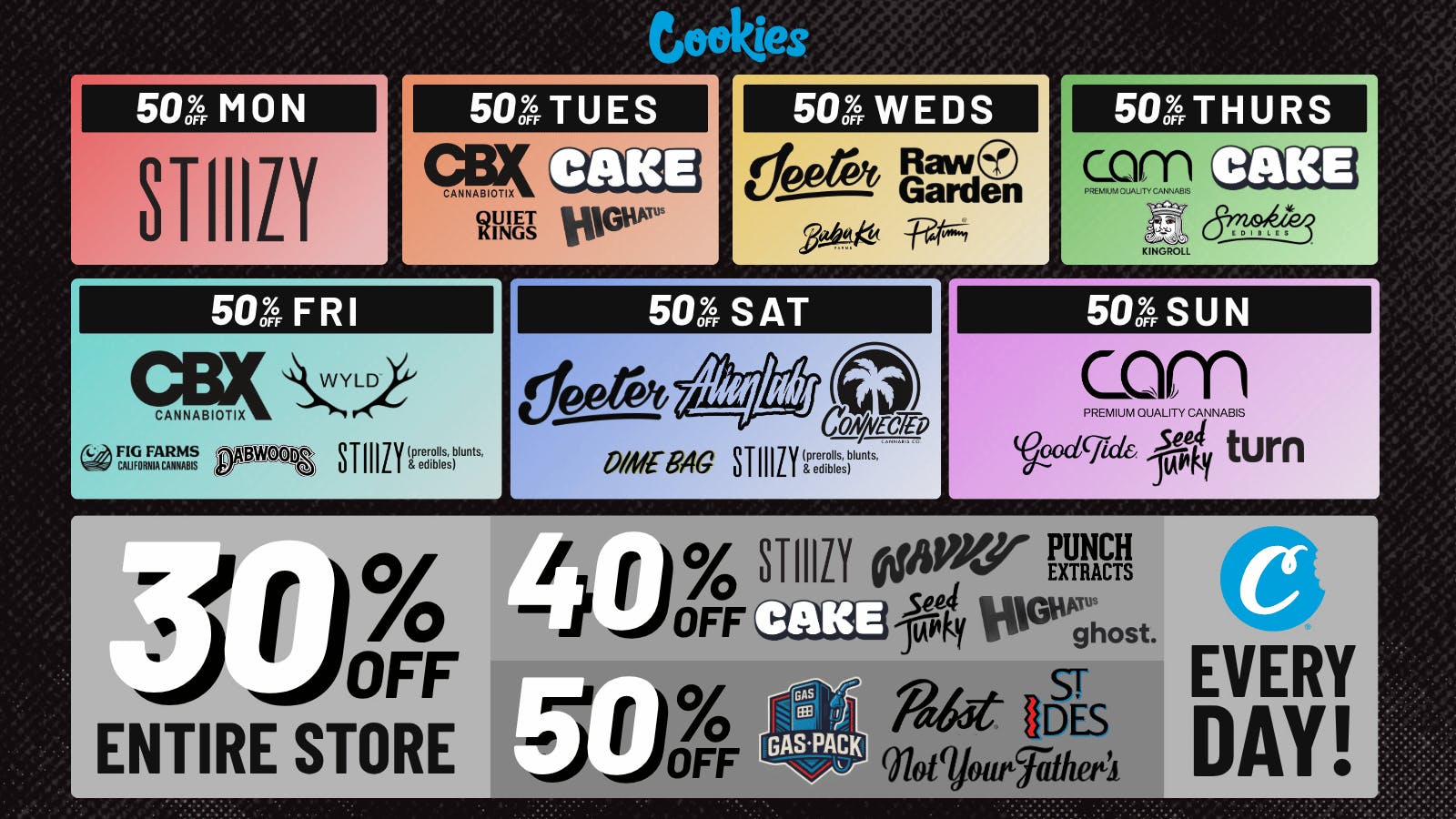 Cookies Fresno 30% off Entire Store + 50% off select Brands!