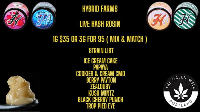 The Green Well - Delivery Live Hash Rosin 1g $35 or 3g for 95 ( Mix & Match)
