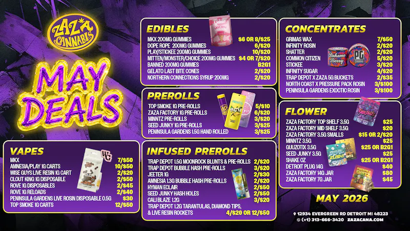 Zaza Cannabis Co Zaza Cannabis May Deals: Fresh Monthly Menu Value!
