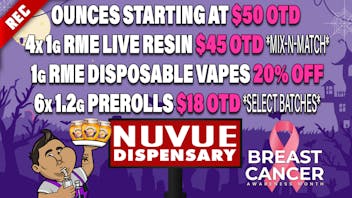 NuVue - Pueblo East $10 OTD 1/8s, 15% off 1g RME Carts, & more deals
