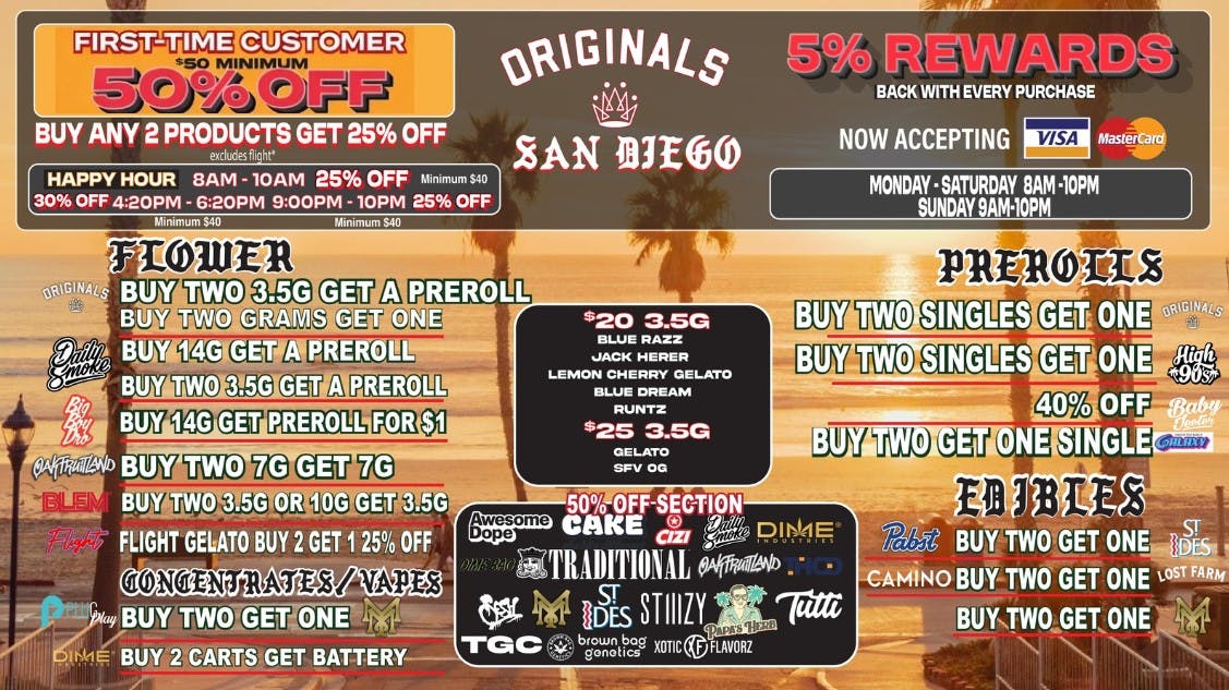 Originals San Diego FTP 50% OFF 30% OFF HAPPY HOUR