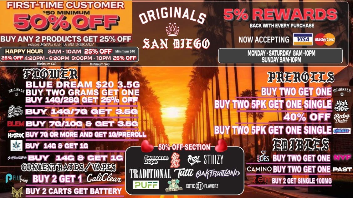 Originals San Diego FTP 50% OFF 25% OFF HAPPY HOUR
