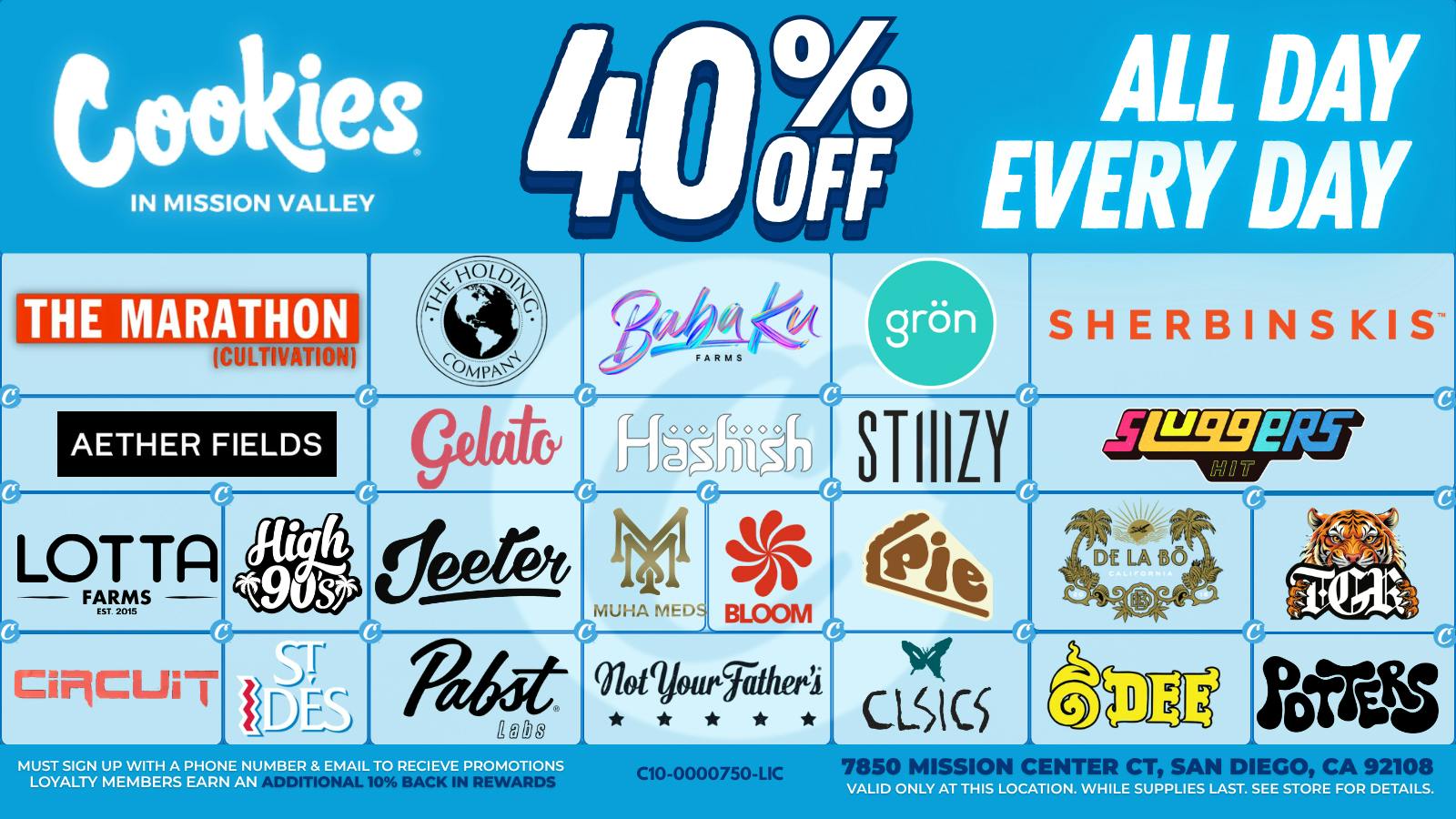 Cookies Mission Valley 40% OFF ALL DAY EVERYDAY