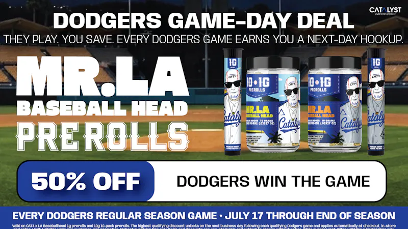 Catalyst Cannabis Dispensary Van Nuys Dodgers Game-Day Win: 50% Off MR. LA Prerolls