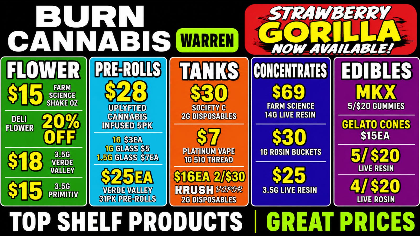 Burn Cannabis Retail - Warren Premium Buds @ Low Prices, Bundle Deals Available