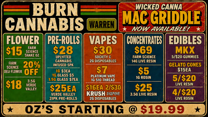 Burn Cannabis Retail - Warren Premium Buds @ Low Prices, Bundle Deals Available