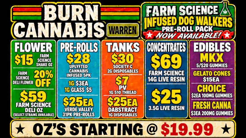 Burn Cannabis Retail - Warren Premium Buds @ Low Prices, Bundle Deals Available